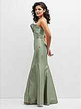 Side View Thumbnail - Sage Strapless Satin Fit and Flare Dress with Crumb-Catcher Bodice