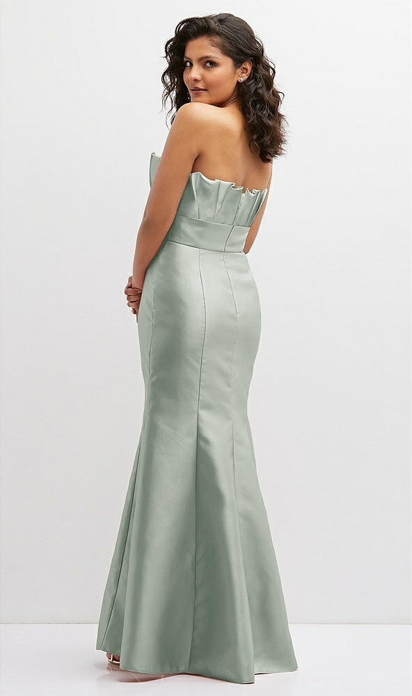 Back View - Willow Green Strapless Satin Fit and Flare Dress with Crumb-Catcher Bodice