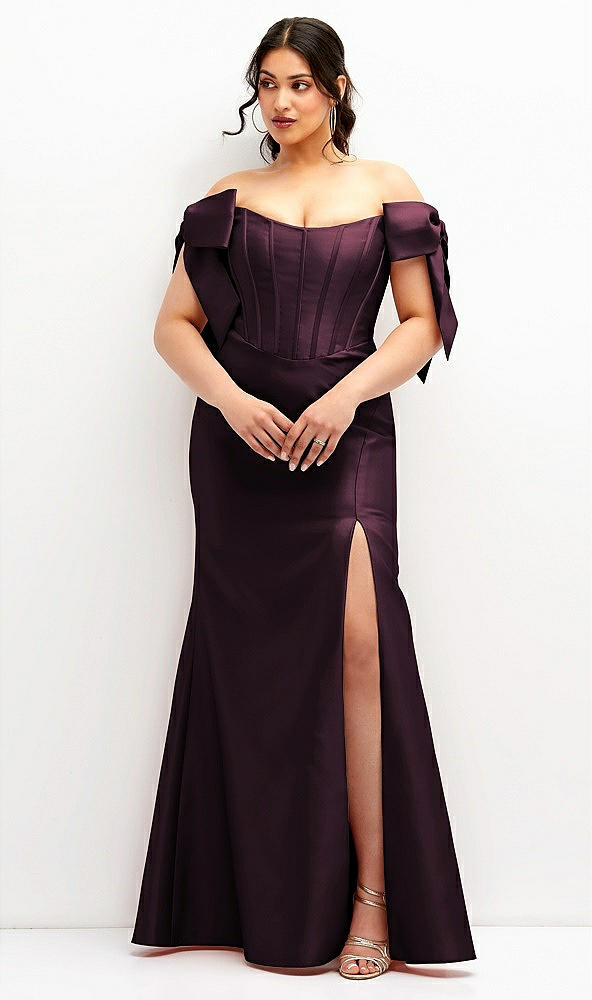 Front View - Deep Plum Off-the-Shoulder Bow Satin Corset Dress with Fit and Flare Skirt