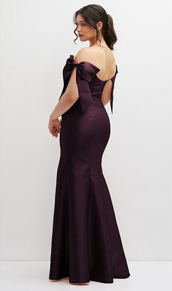Back View - Deep Plum Off-the-Shoulder Bow Satin Corset Dress with Fit and Flare Skirt