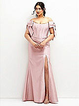 Front View Thumbnail - Ballet Pink Off-the-Shoulder Bow Satin Corset Dress with Fit and Flare Skirt
