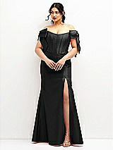 Front View Thumbnail - Black Off-the-Shoulder Bow Satin Corset Dress with Fit and Flare Skirt