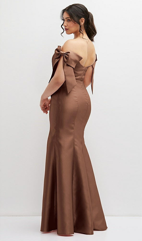 Back View - Cognac Off-the-Shoulder Bow Satin Corset Dress with Fit and Flare Skirt
