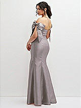 Rear View Thumbnail - Cashmere Gray Off-the-Shoulder Bow Satin Corset Dress with Fit and Flare Skirt