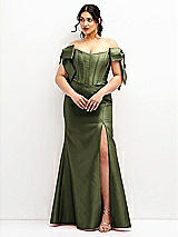 Front View Thumbnail - Olive Green Off-the-Shoulder Bow Satin Corset Dress with Fit and Flare Skirt