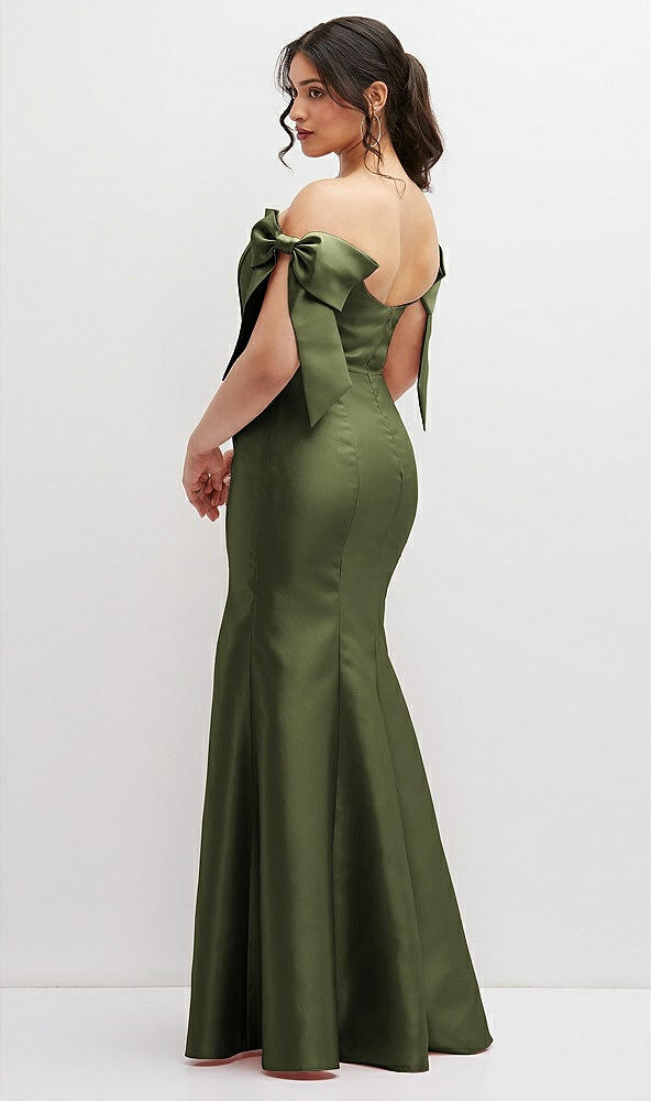 Back View - Olive Green Off-the-Shoulder Bow Satin Corset Dress with Fit and Flare Skirt