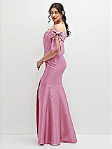 Side View Thumbnail - Powder Pink Off-the-Shoulder Bow Satin Corset Dress with Fit and Flare Skirt