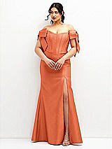Front View Thumbnail - Portofino Orange Off-the-Shoulder Bow Satin Corset Dress with Fit and Flare Skirt