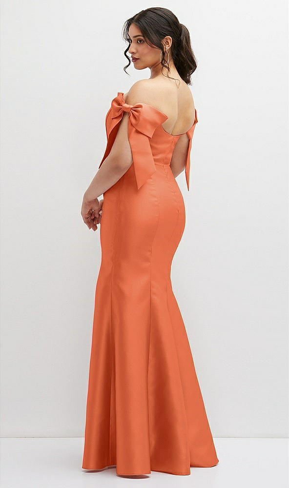 Back View - Portofino Orange Off-the-Shoulder Bow Satin Corset Dress with Fit and Flare Skirt