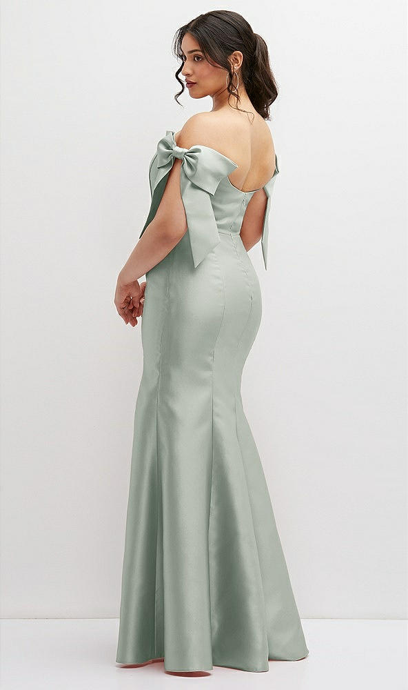 Back View - Willow Green Off-the-Shoulder Bow Satin Corset Dress with Fit and Flare Skirt