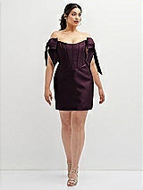 Alt View 2 Thumbnail - Deep Plum Satin Off-the-Shoulder Bow Corset Fit and Flare Mini Dress