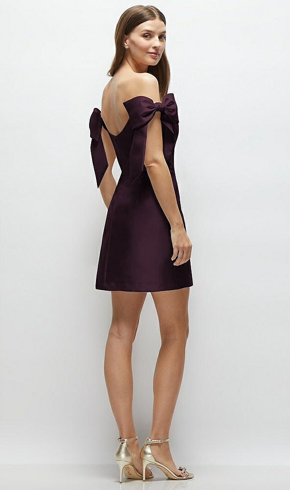 Back View - Deep Plum Satin Off-the-Shoulder Bow Corset Fit and Flare Mini Dress