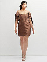 Alt View 2 Thumbnail - Cognac Satin Off-the-Shoulder Bow Corset Fit and Flare Mini Dress