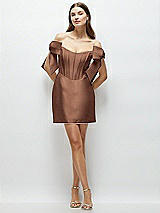 Front View Thumbnail - Cognac Satin Off-the-Shoulder Bow Corset Fit and Flare Mini Dress