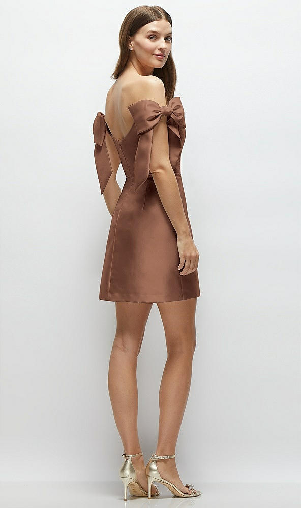 Back View - Cognac Satin Off-the-Shoulder Bow Corset Fit and Flare Mini Dress