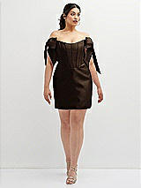 Alt View 2 Thumbnail - Espresso Satin Off-the-Shoulder Bow Corset Fit and Flare Mini Dress