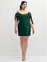 Alt View 2 Thumbnail - Hunter Green Satin Off-the-Shoulder Bow Corset Fit and Flare Mini Dress