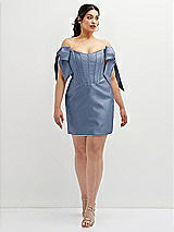 Alt View 2 Thumbnail - Larkspur Blue Satin Off-the-Shoulder Bow Corset Fit and Flare Mini Dress