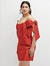Alt View 1 Thumbnail - Poppy Red Satin Off-the-Shoulder Bow Corset Fit and Flare Mini Dress