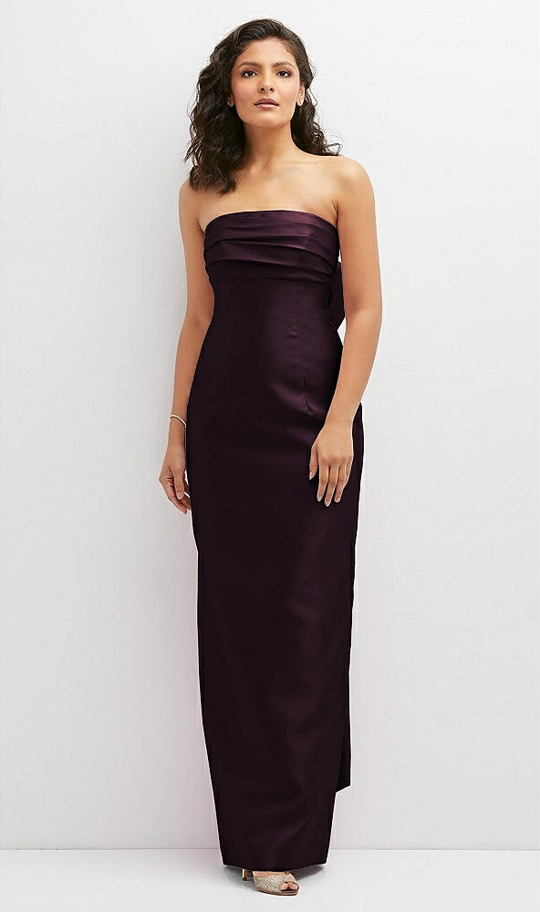 Front View - Deep Plum Strapless Draped Bodice Column Dress with Oversized Bow