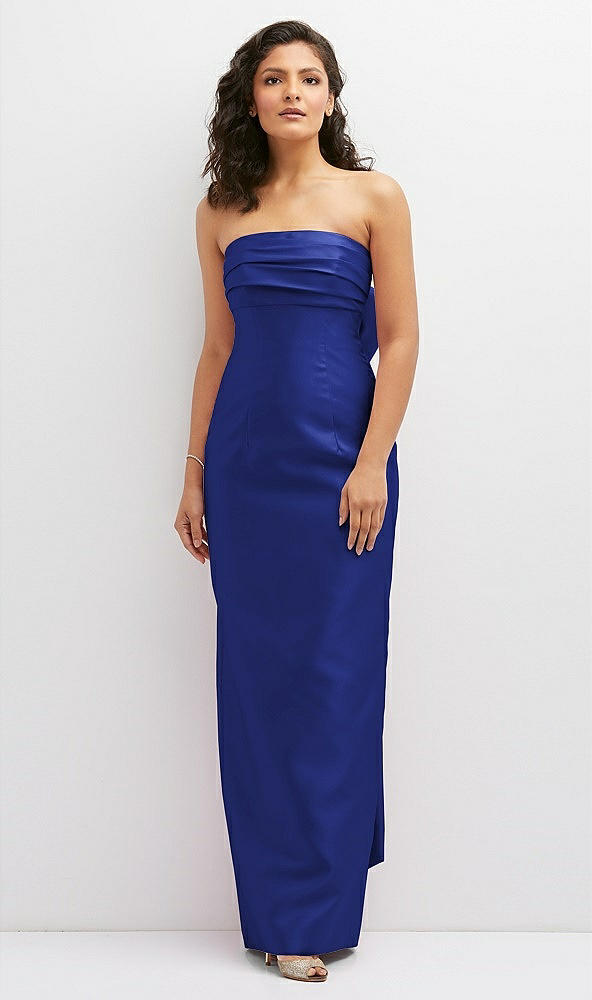 Front View - Cobalt Blue Strapless Draped Bodice Column Dress with Oversized Bow