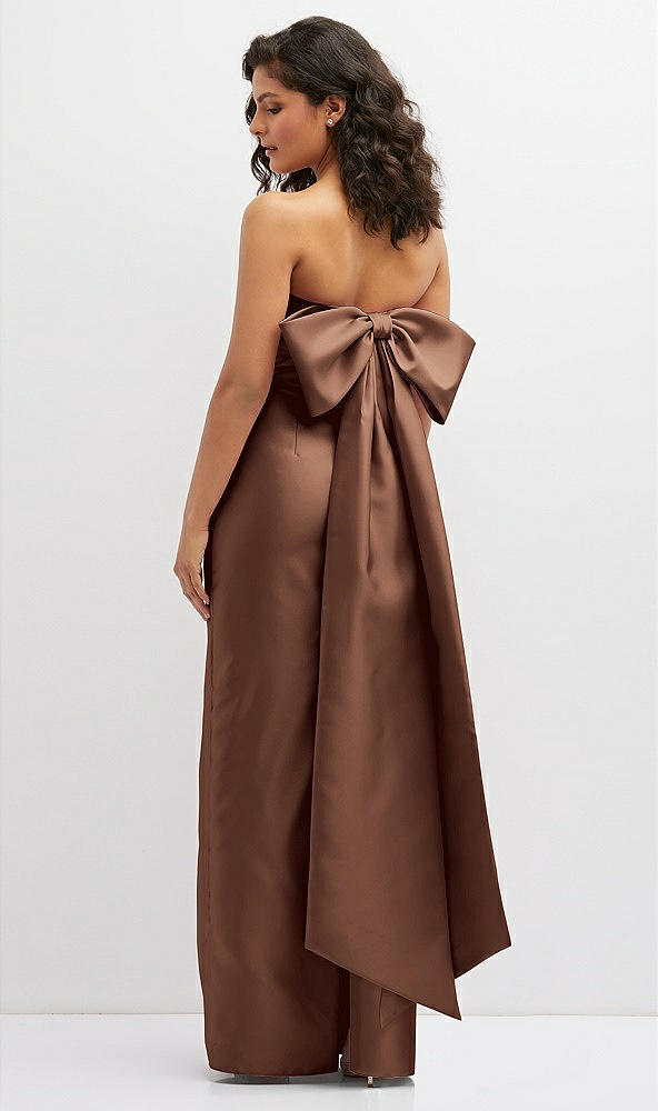 Back View - Cognac Strapless Draped Bodice Column Dress with Oversized Bow