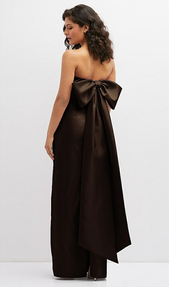 Back View - Espresso Strapless Draped Bodice Column Dress with Oversized Bow