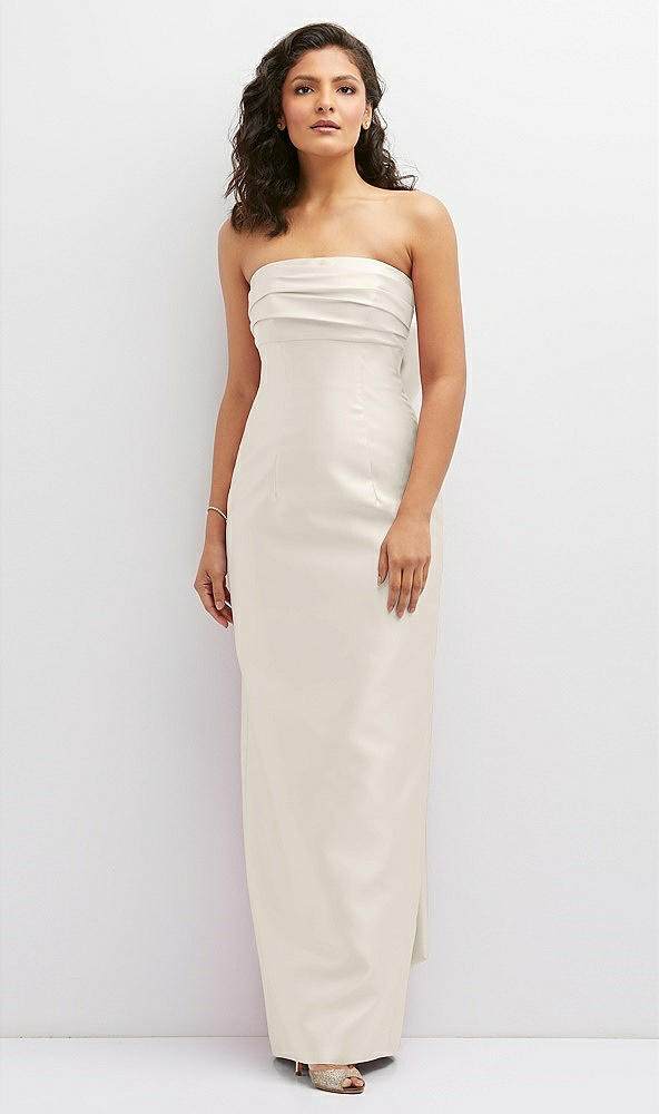 Front View - Ivory Strapless Draped Bodice Column Dress with Oversized Bow