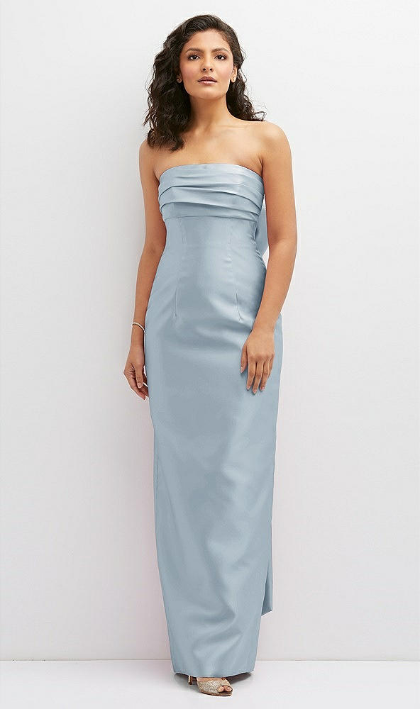 Front View - Mist Strapless Draped Bodice Column Dress with Oversized Bow