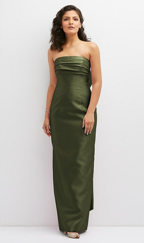 Front View - Olive Green Strapless Draped Bodice Column Dress with Oversized Bow
