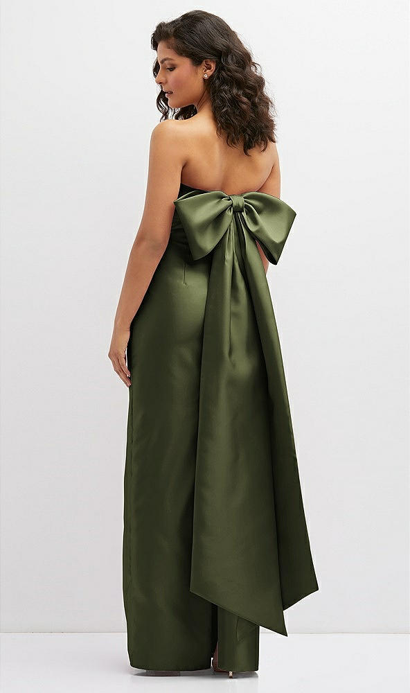 Back View - Olive Green Strapless Draped Bodice Column Dress with Oversized Bow