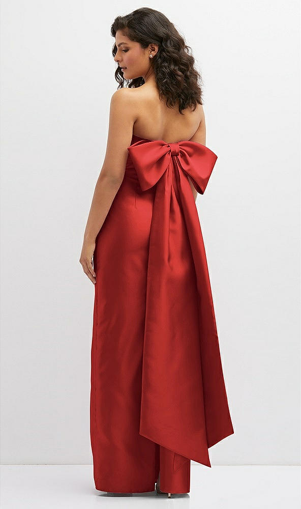 Back View - Poppy Red Strapless Draped Bodice Column Dress with Oversized Bow