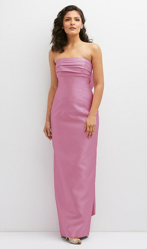 Front View - Powder Pink Strapless Draped Bodice Column Dress with Oversized Bow