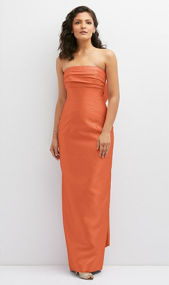 Front View - Portofino Orange Strapless Draped Bodice Column Dress with Oversized Bow