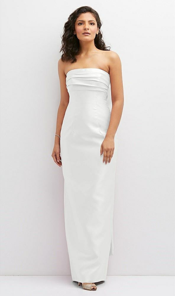 Front View - White Strapless Draped Bodice Column Dress with Oversized Bow