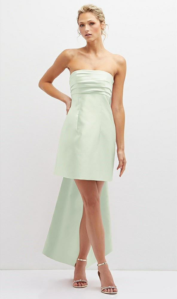 Front View - Mint Green Strapless Satin Column Mini Dress with Oversized Bow