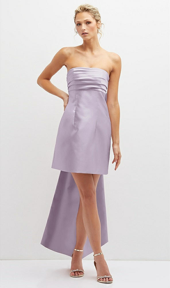 Front View - Lilac Haze Strapless Satin Column Mini Dress with Oversized Bow