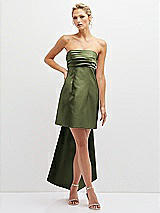 Front View Thumbnail - Olive Green Strapless Satin Column Mini Dress with Oversized Bow