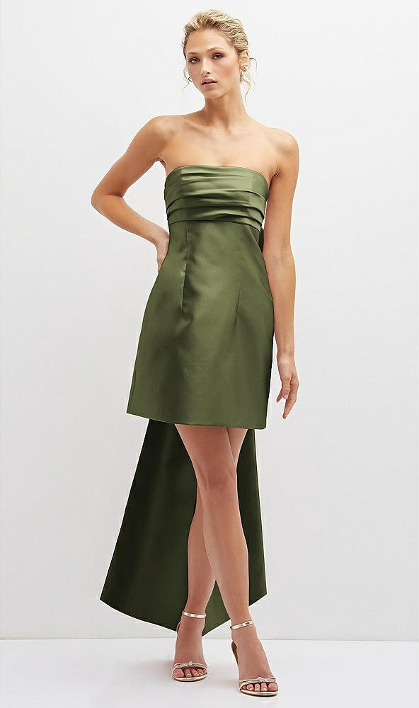 Front View - Olive Green Strapless Satin Column Mini Dress with Oversized Bow