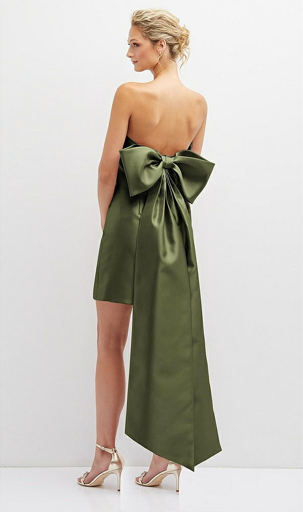 Back View - Olive Green Strapless Satin Column Mini Dress with Oversized Bow