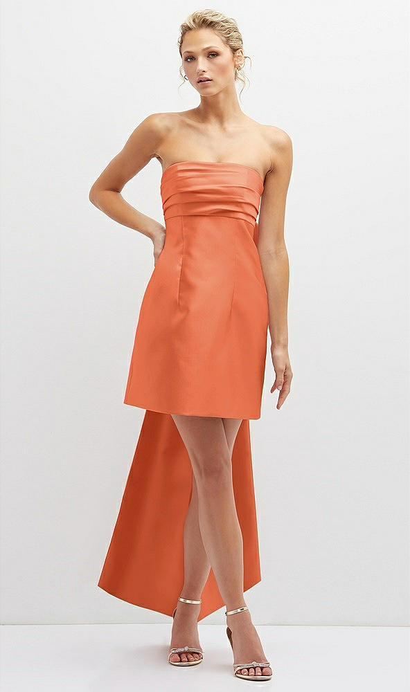 Front View - Portofino Orange Strapless Satin Column Mini Dress with Oversized Bow