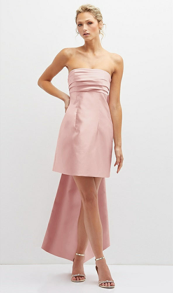 Front View - Rose Strapless Satin Column Mini Dress with Oversized Bow