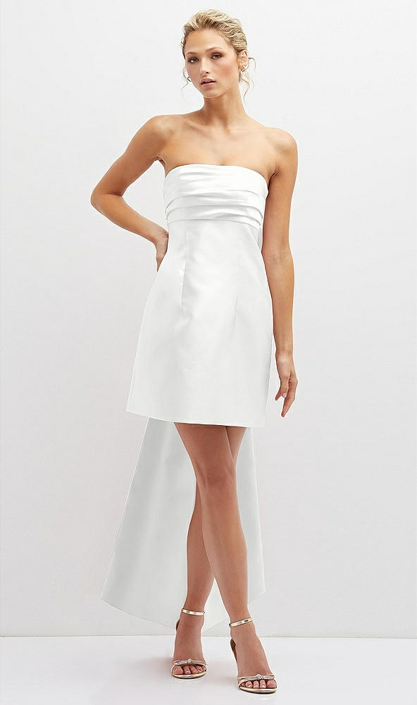 Front View - White Strapless Satin Column Mini Dress with Oversized Bow