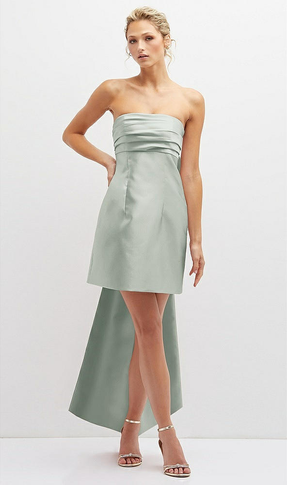 Front View - Willow Green Strapless Satin Column Mini Dress with Oversized Bow
