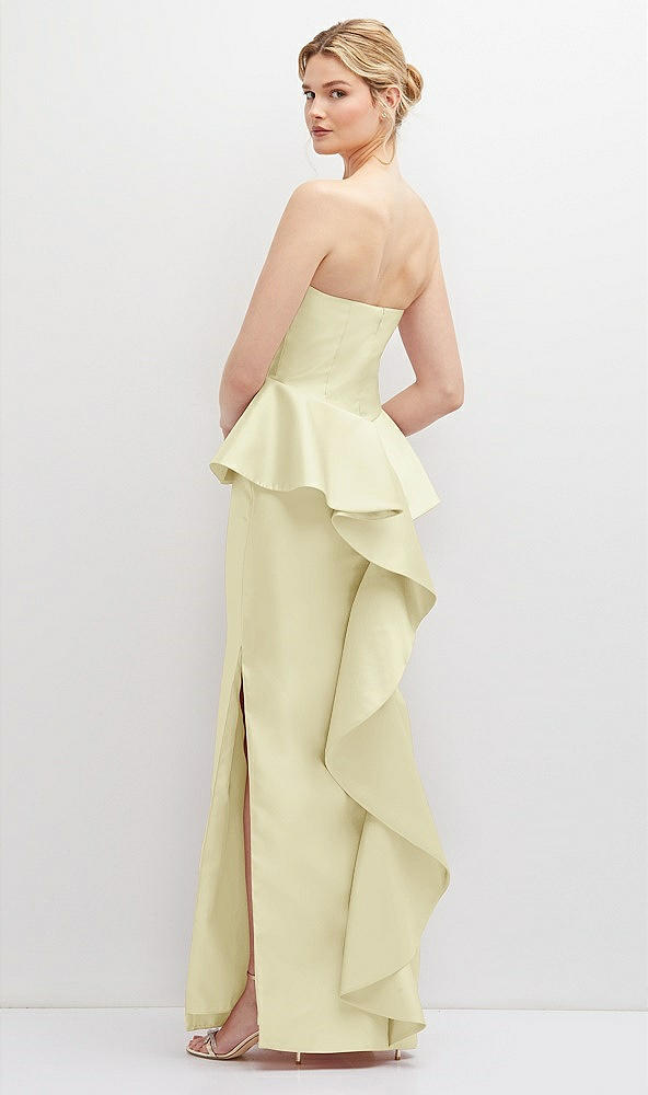 Back View - Butter Yellow Strapless Satin Maxi Dress with Cascade Ruffle Peplum Detail