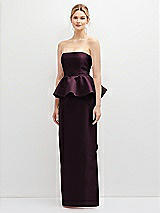Front View Thumbnail - Deep Plum Strapless Satin Maxi Dress with Cascade Ruffle Peplum Detail