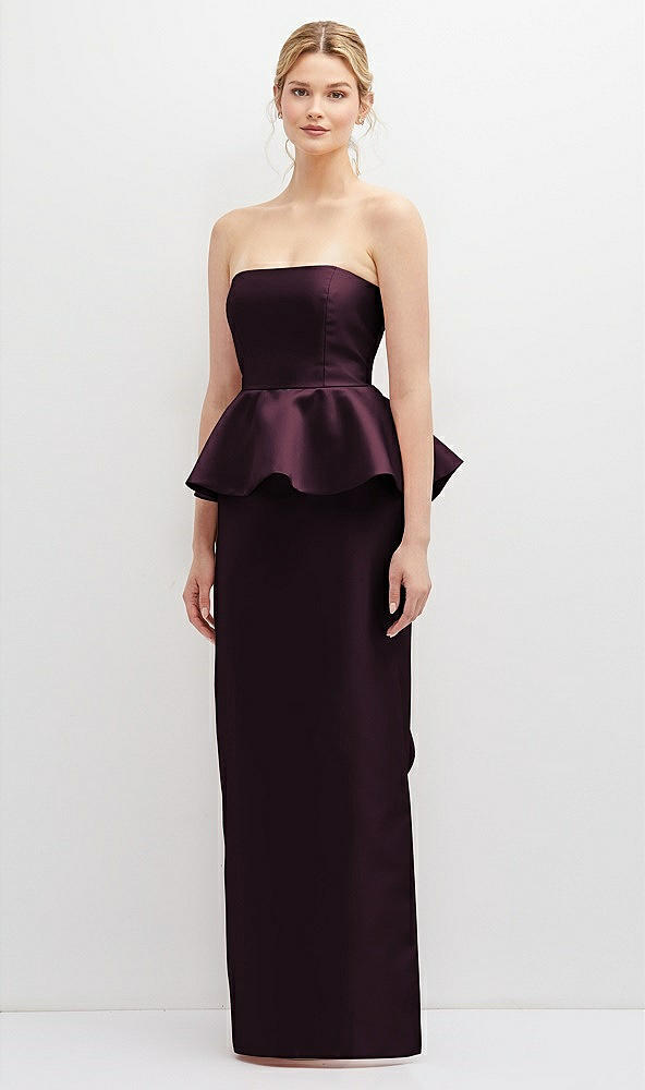Front View - Deep Plum Strapless Satin Maxi Dress with Cascade Ruffle Peplum Detail