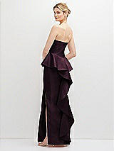 Rear View Thumbnail - Deep Plum Strapless Satin Maxi Dress with Cascade Ruffle Peplum Detail