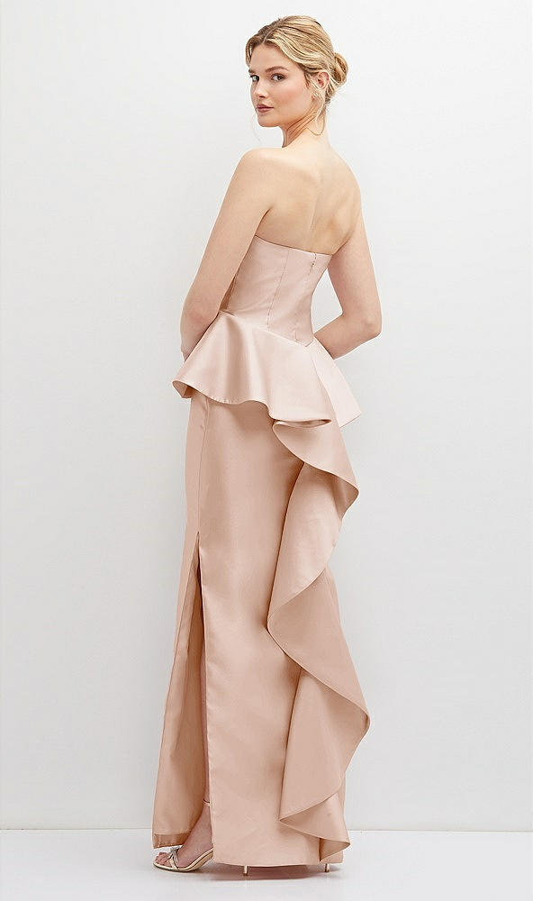 Back View - Cameo Strapless Satin Maxi Dress with Cascade Ruffle Peplum Detail