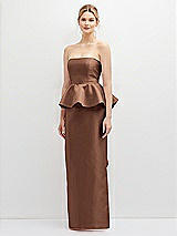 Front View Thumbnail - Cognac Strapless Satin Maxi Dress with Cascade Ruffle Peplum Detail